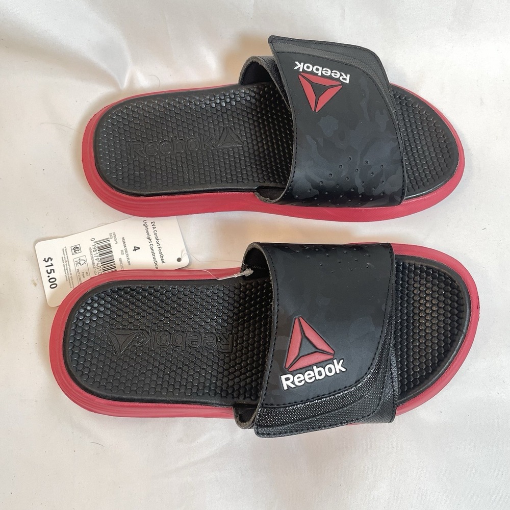 REEBOK Size 4 Black & Red ADJUSTABLE Strap MEMORY FOAM Lightweight Slides